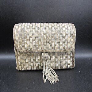 Rectangular silver beaded clutch with bead tassel and optional strap